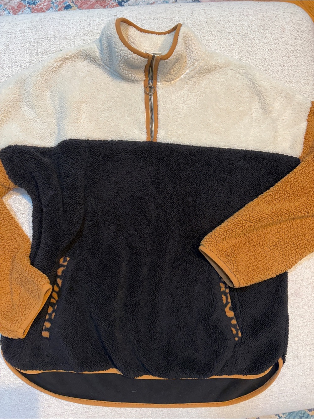 Time and Tru Colorblock Sherpa Half-Zip Pullover in Cream, Black & Brown